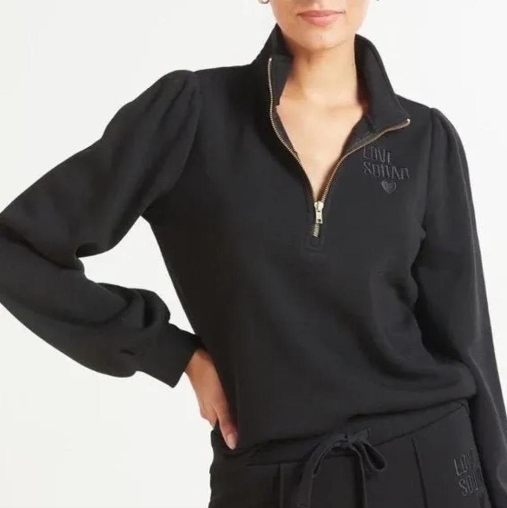Evereve x Ally Love “Love Squad” Half Zip‎ Pullover Black Cozy Athleisure Size M